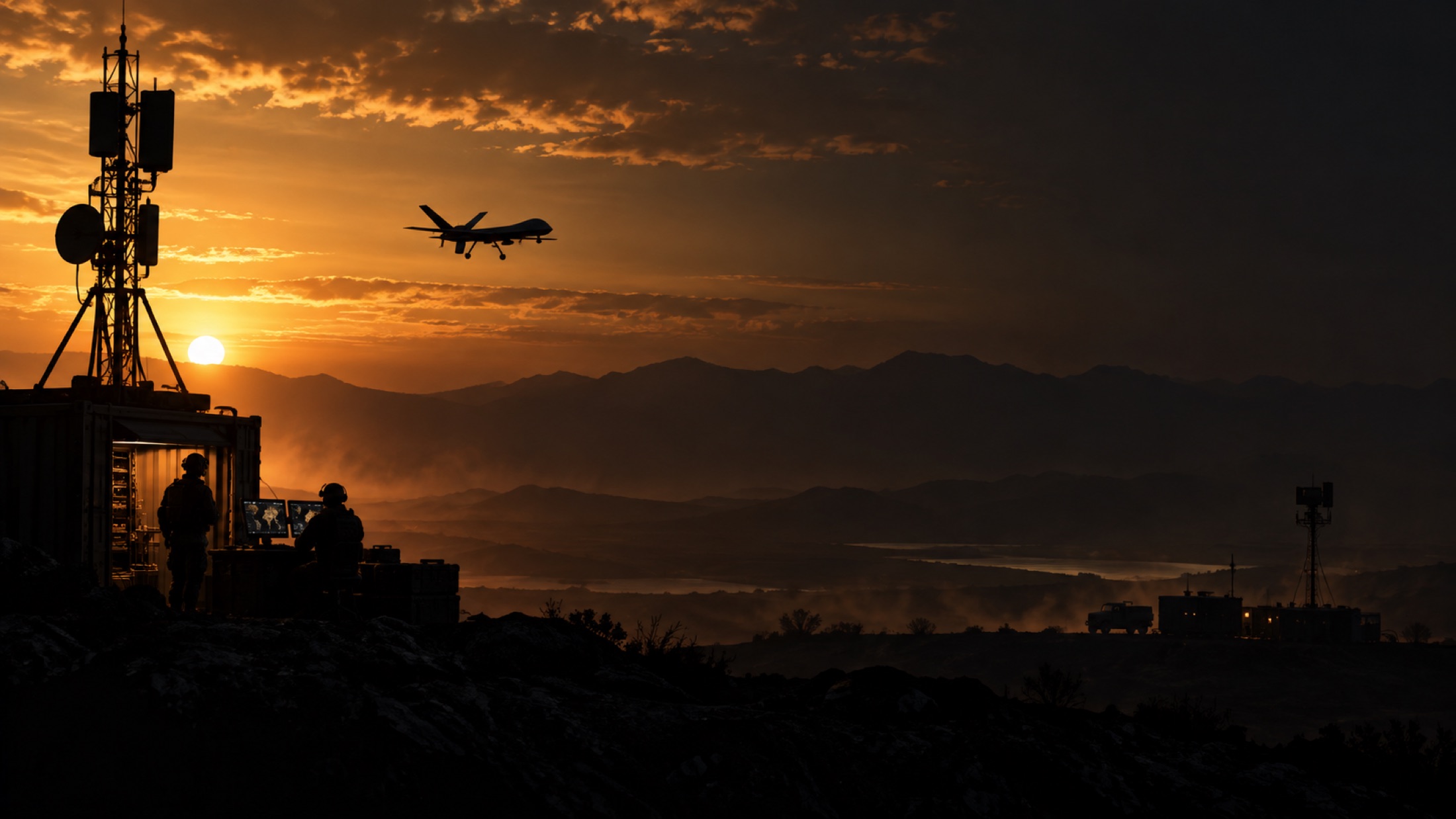 Autonomous aircraft and communications systems silhouetted over a mountainous proving ground at sunset
